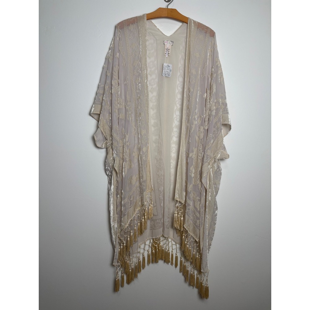 Free People Nightbird Duster Kimono OS Sheer Velvet Burnout Floral Fringe Boho